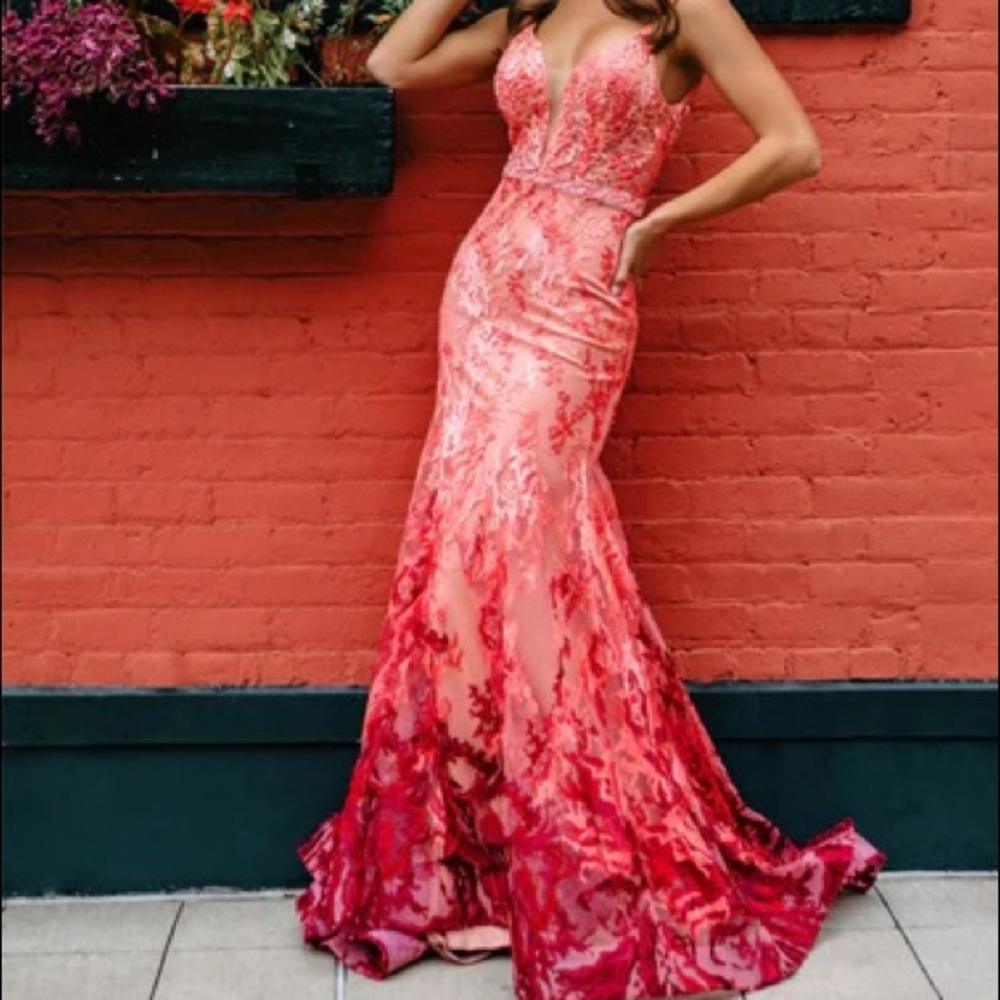 MAC DUGGAL 79288M LONG CORAL OMBRE MERMAID PROM DRESS SHEER BODICE PAGEANT